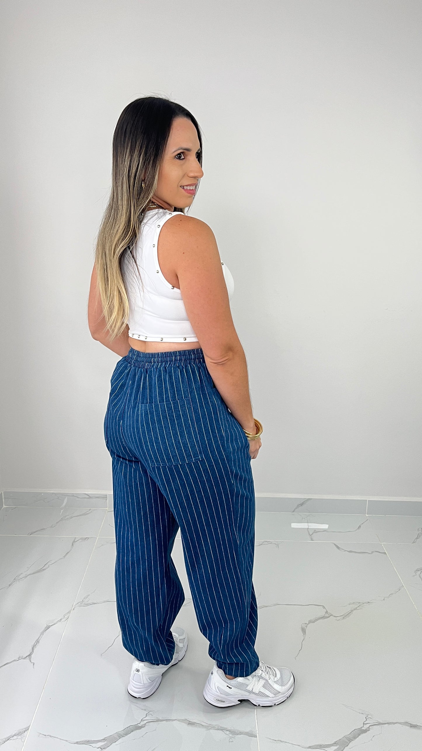 Stripe Denim Barrel Pant