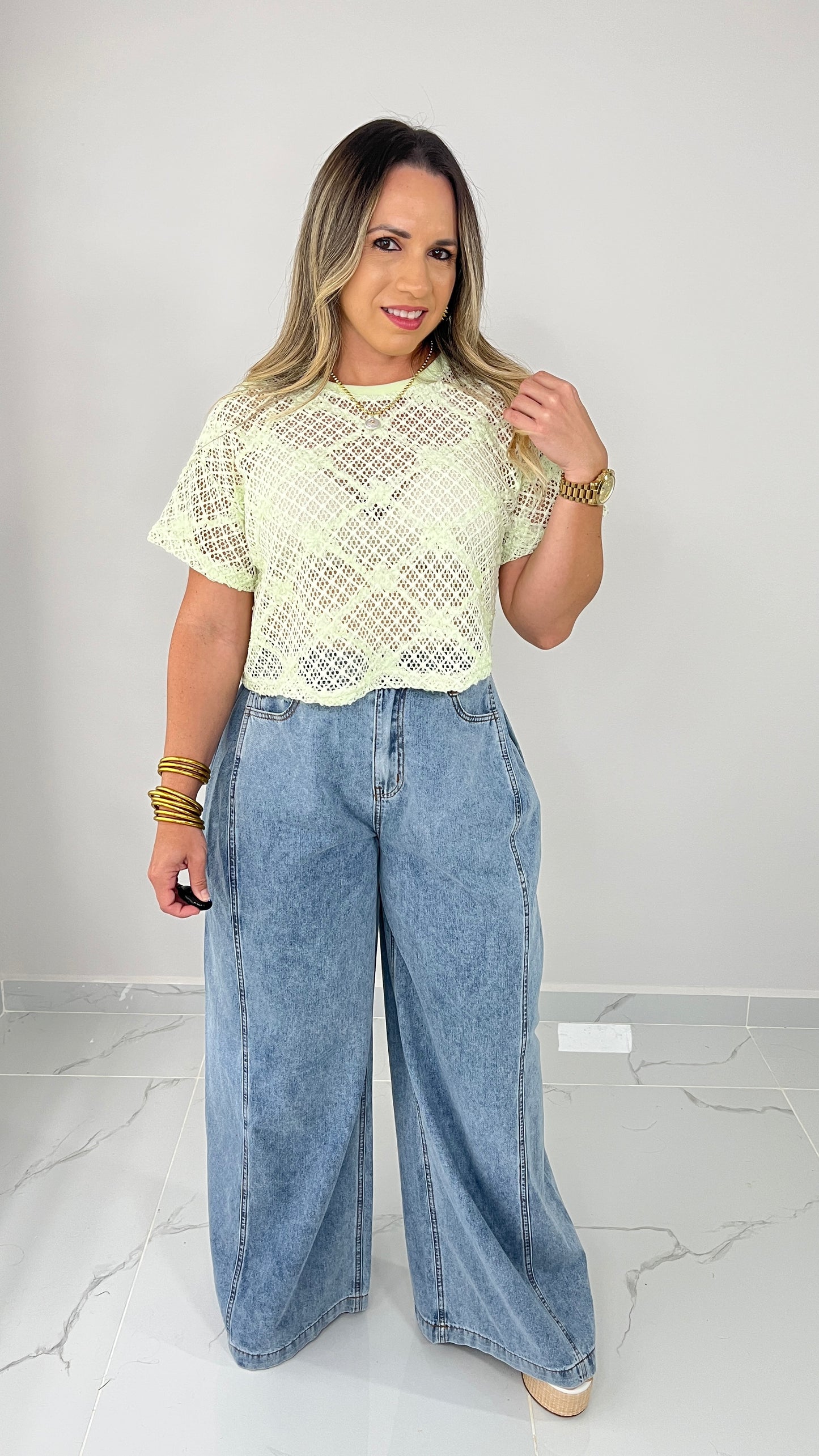 Green Crochet Crop Blouse