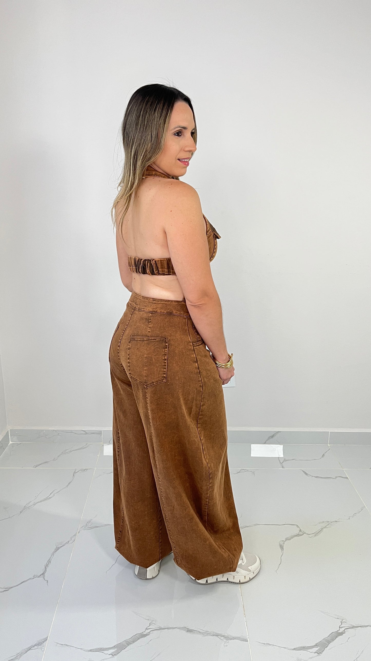 Washed Mocha Denim Jumpsuit
