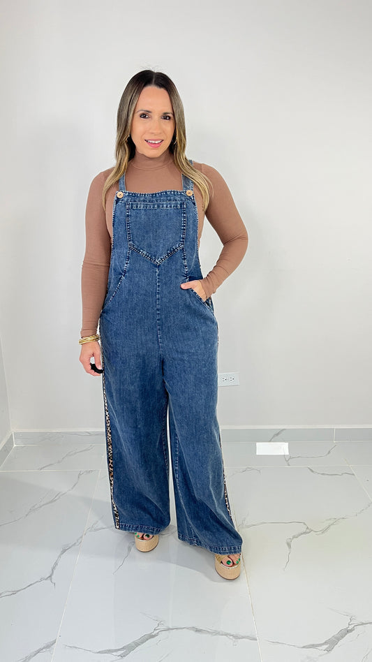 Accent Print Denim Overall