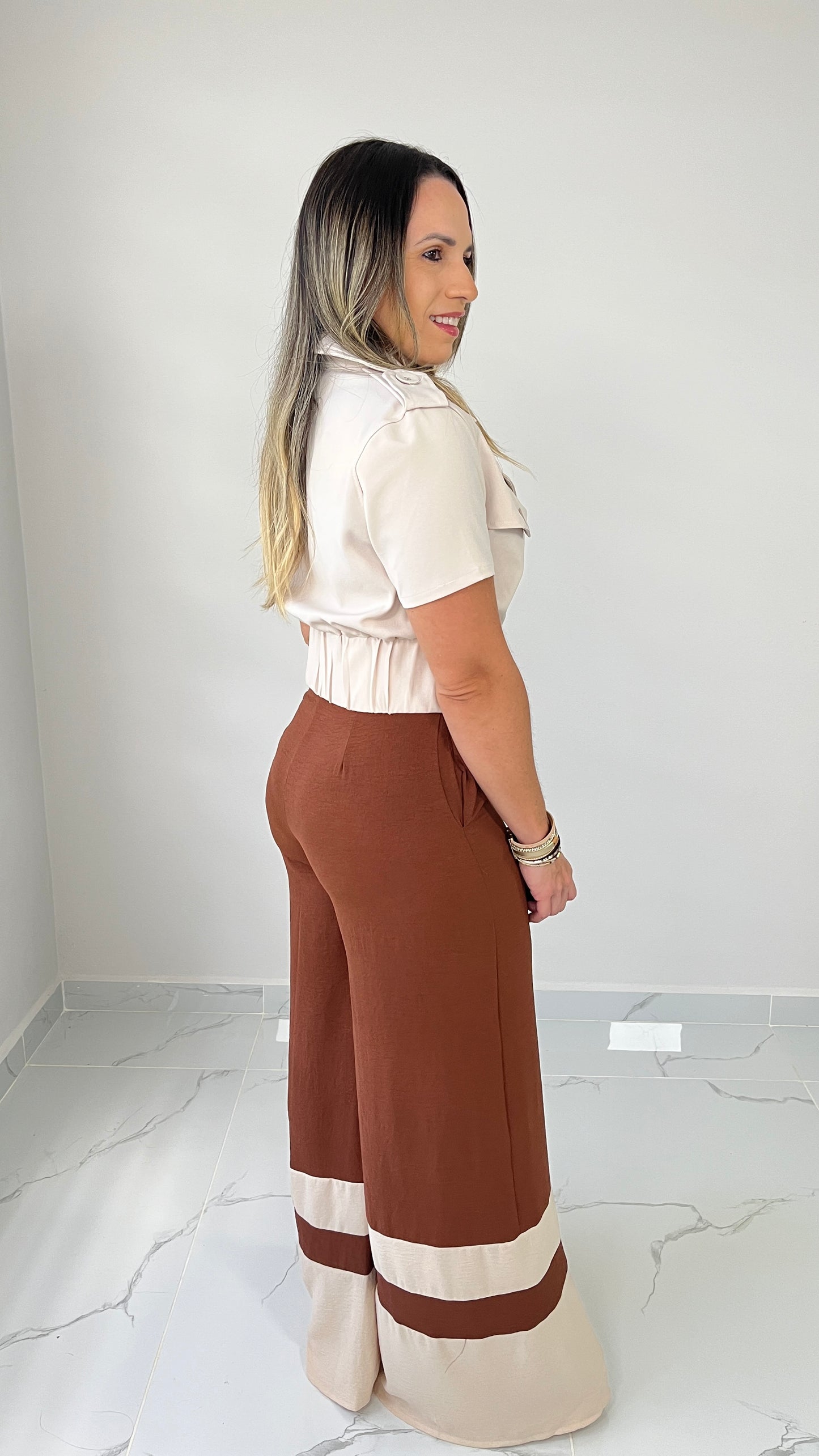 Taupe Elastic Band Top