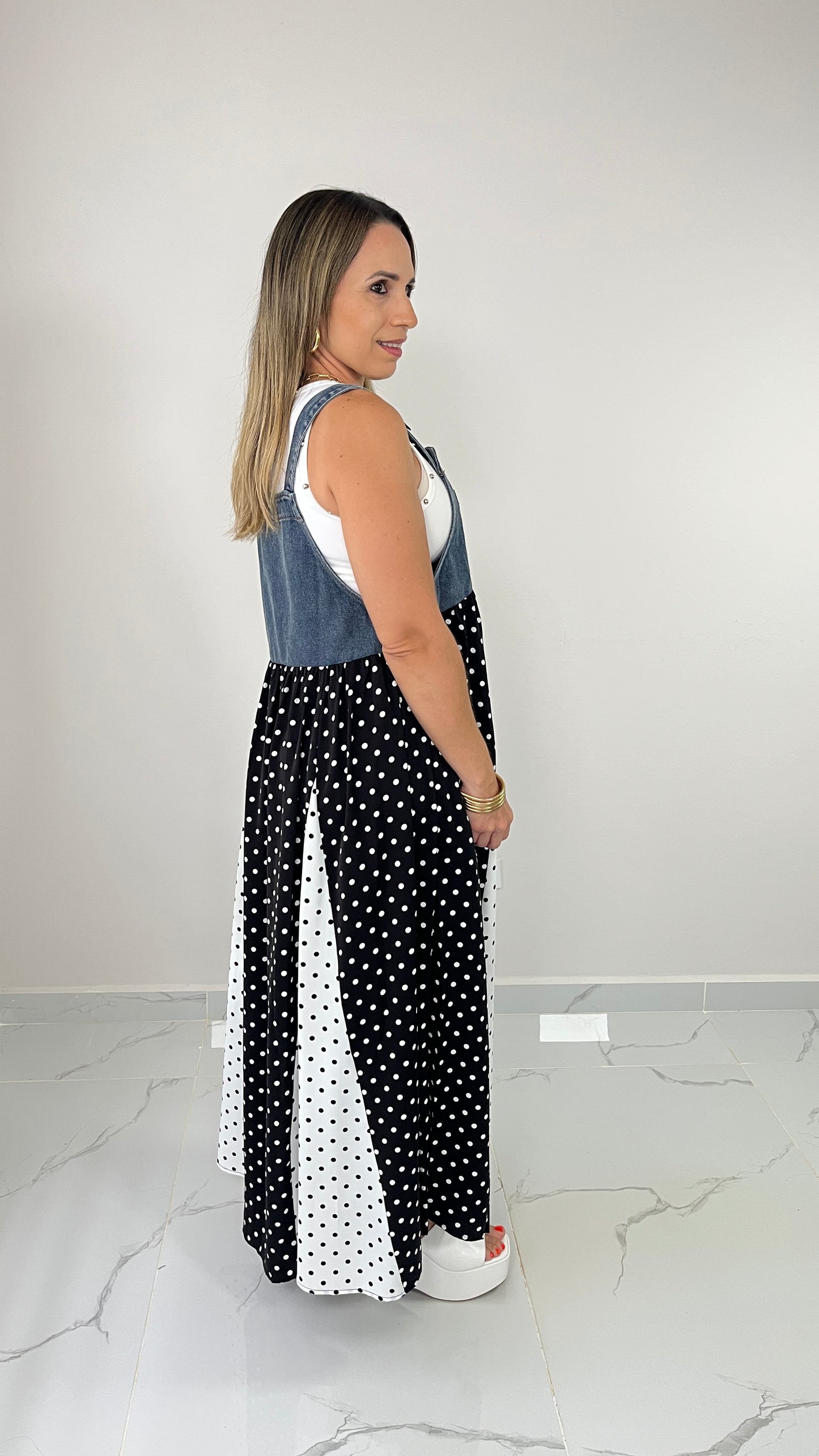 Contrast Denim Polka Dots Overall Dress