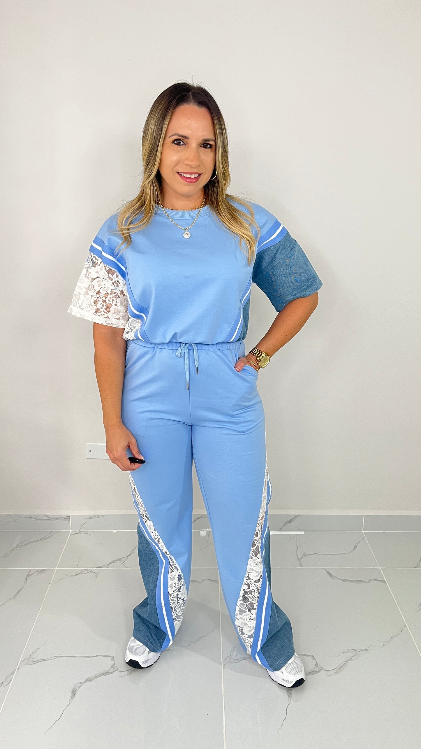 Blue Detail Lace and Denim Set