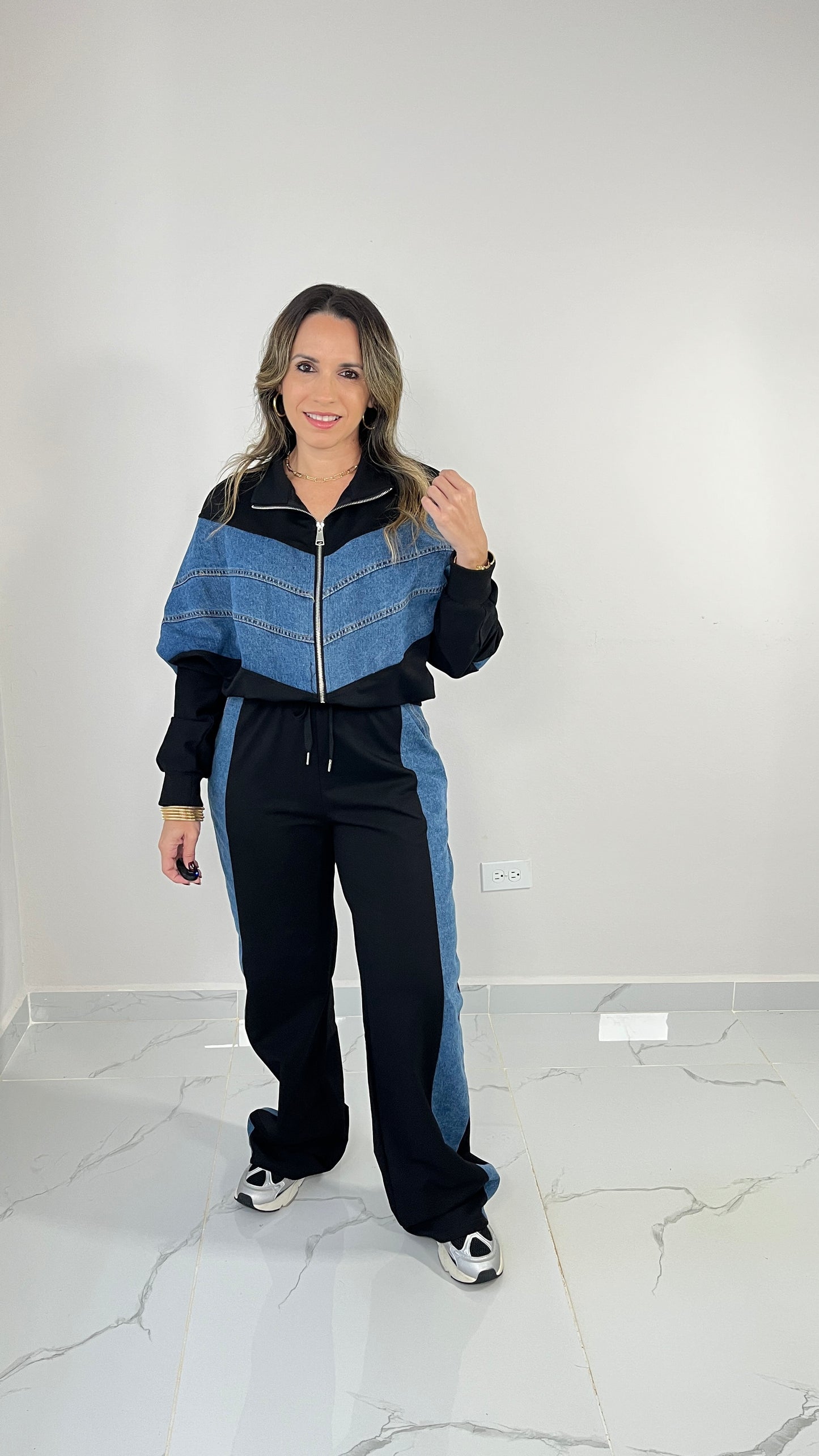 Contrast Denim Set ( black)