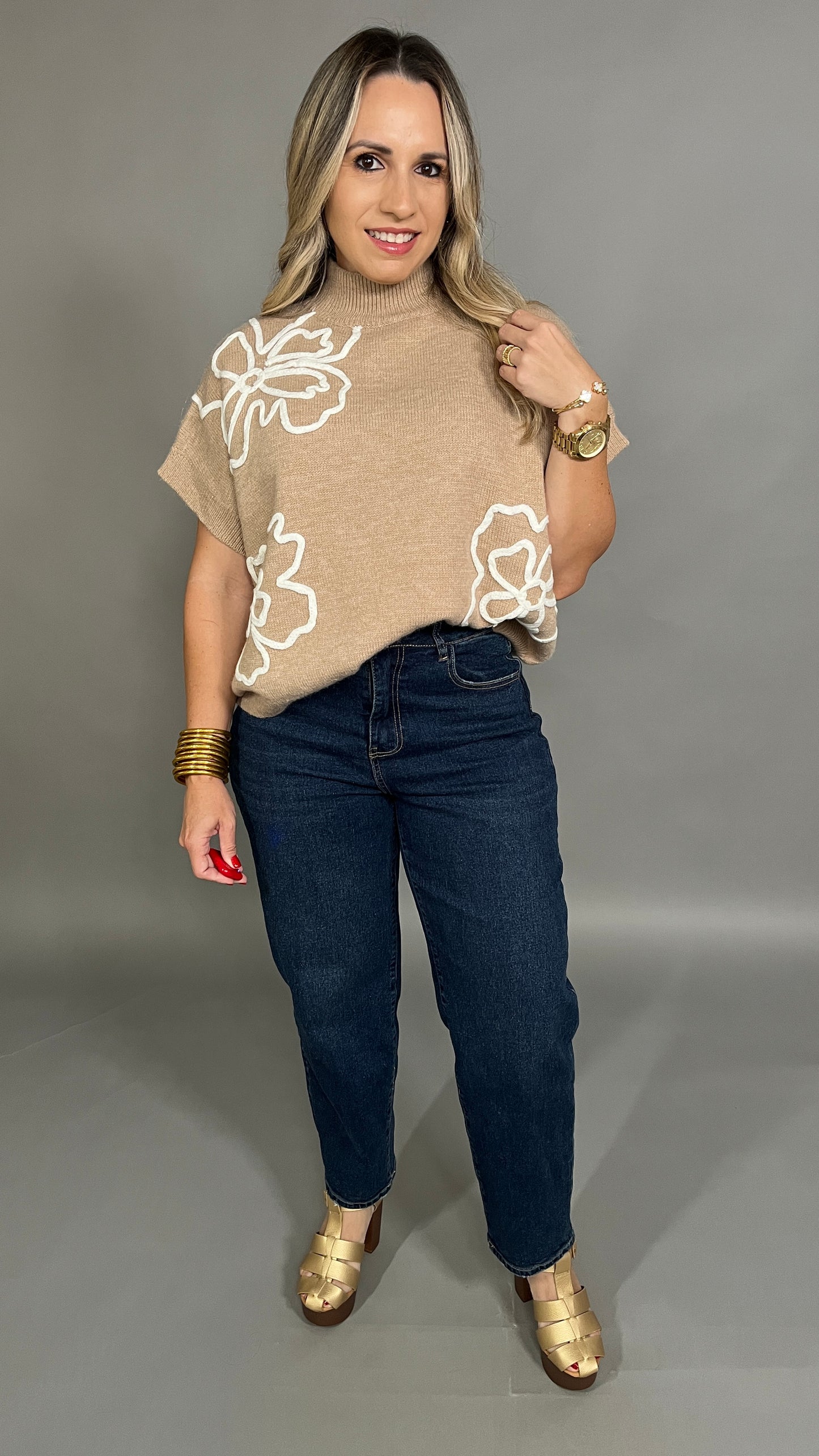 Beige Flower Oversize Sweater