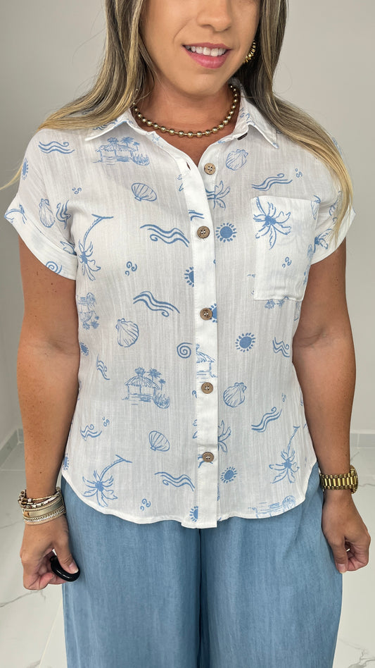 Tropical Button Blue Shirt