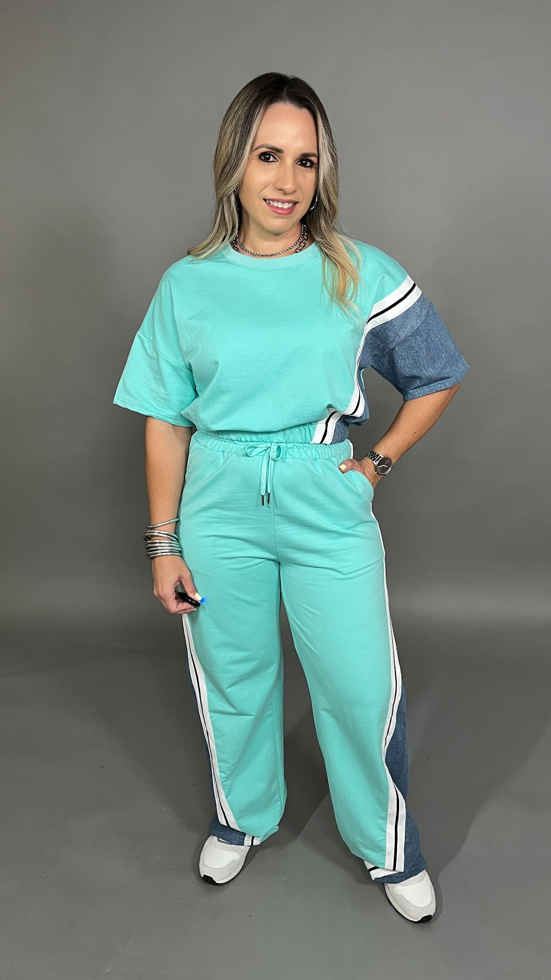 Aqua Contrast Denim Set