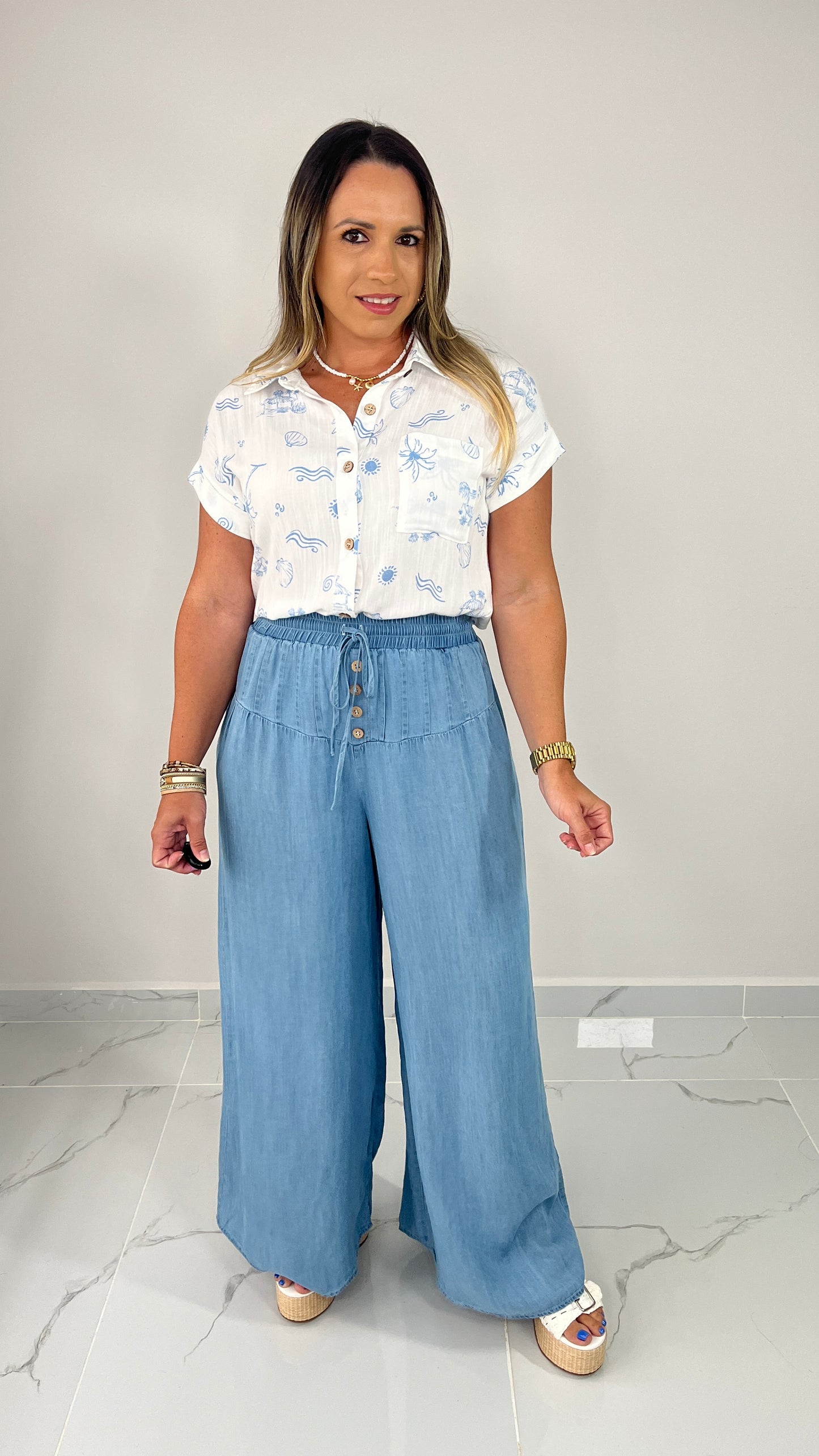 Tropical Button Blue Shirt