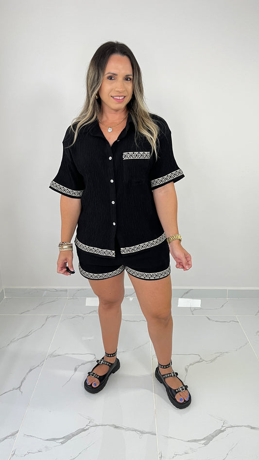 Black Plisse Short Set