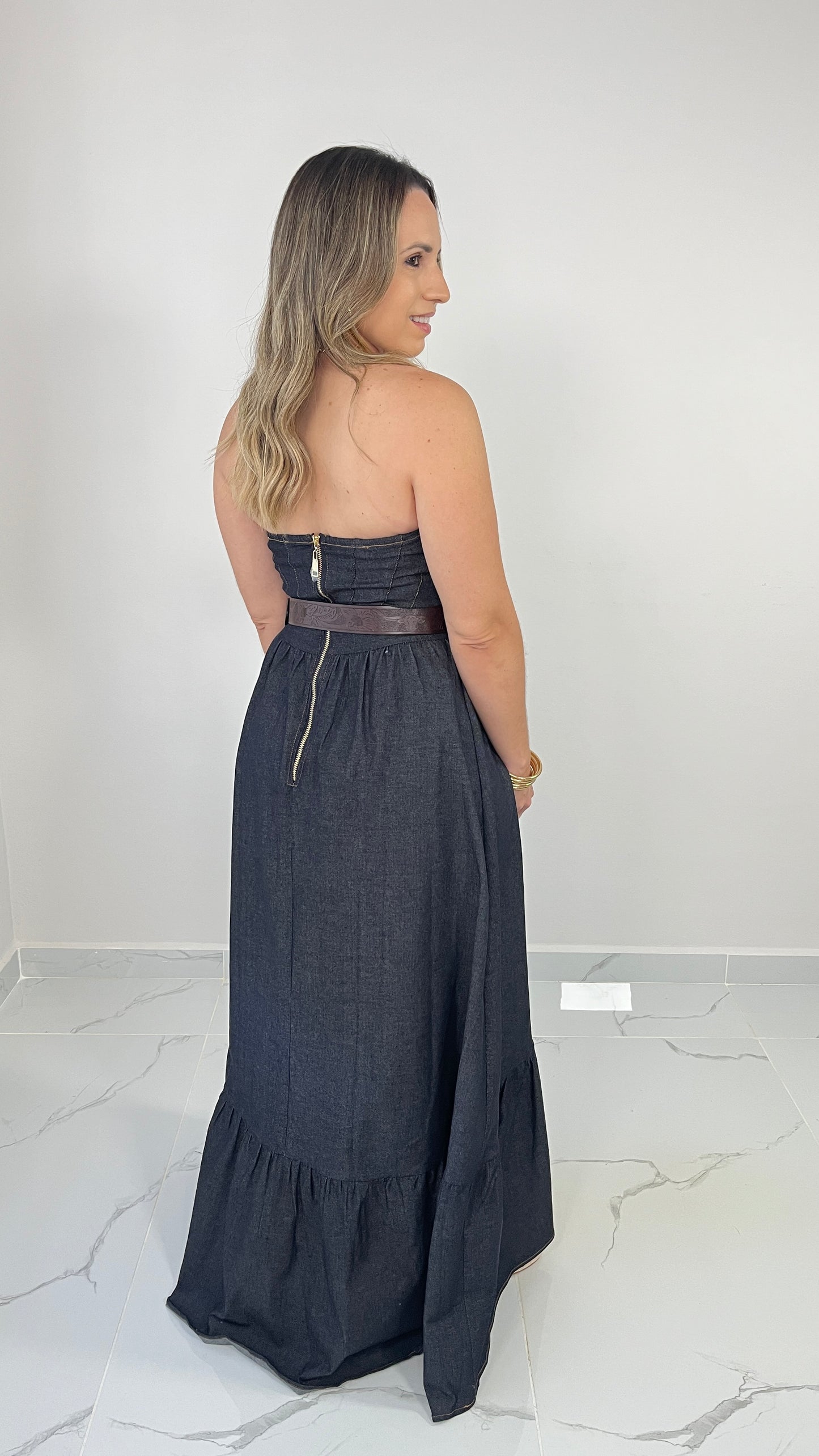 Strapless Denim Dress with Belt