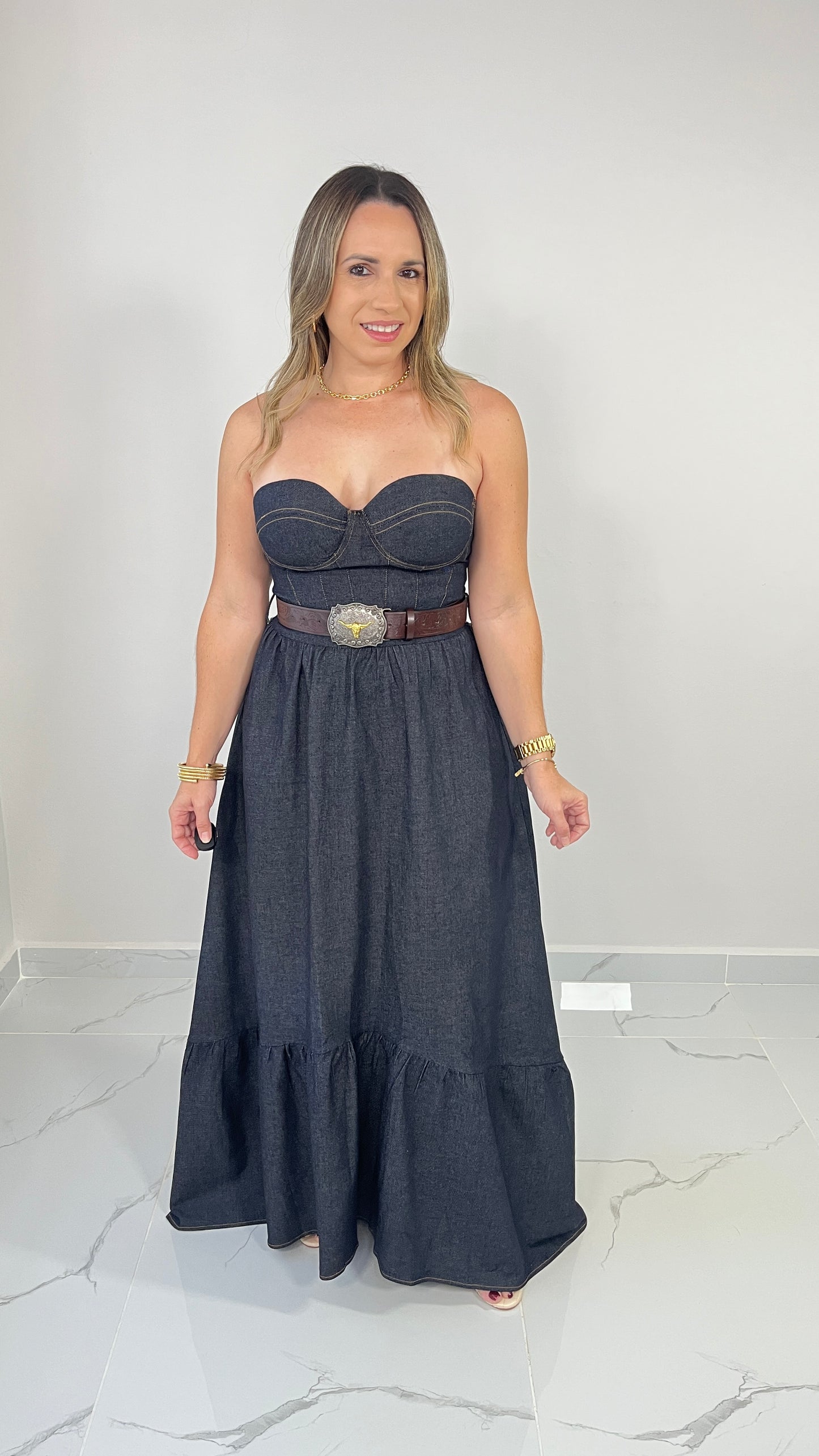 Strapless Denim Dress with Belt