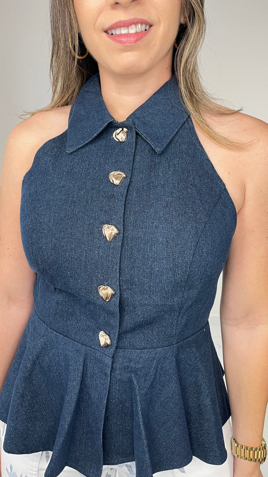 Dark Denim Button Top