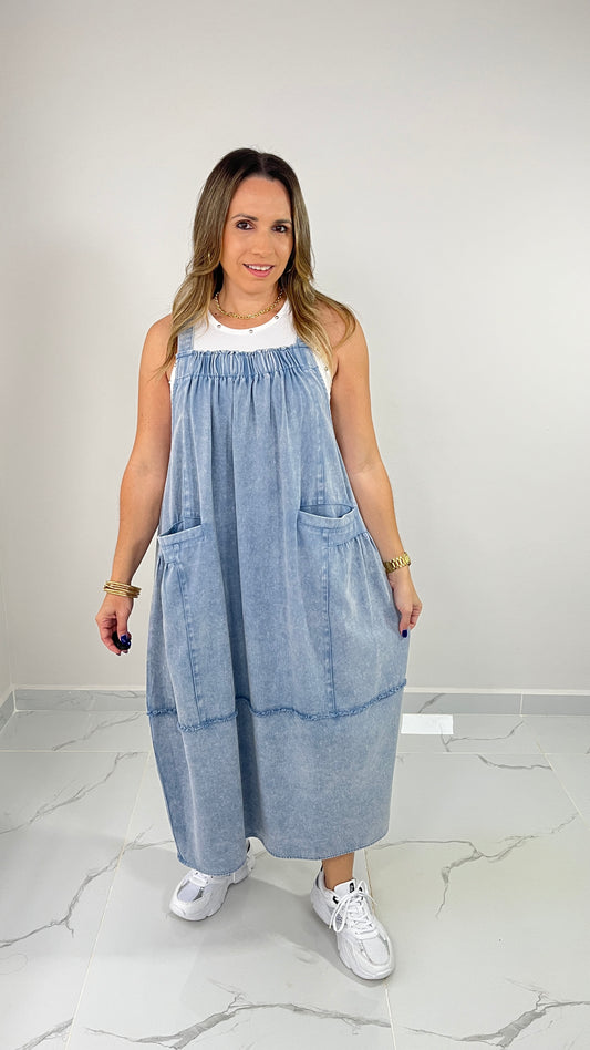 Blue Washed Denim Overall Dress ( oversized)