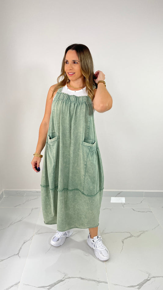 Green Washed Denim Overall Dress ( oversized)
