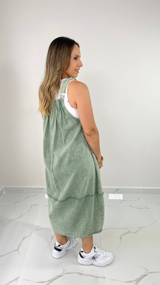 Green Washed Denim Overall Dress ( oversized)