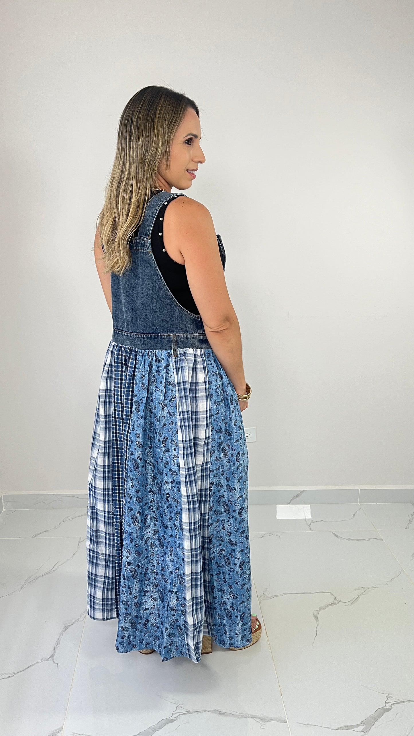 Contrast Denim Overall Dress