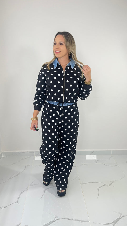 Contrast Denim Polka Dots Set ( black)