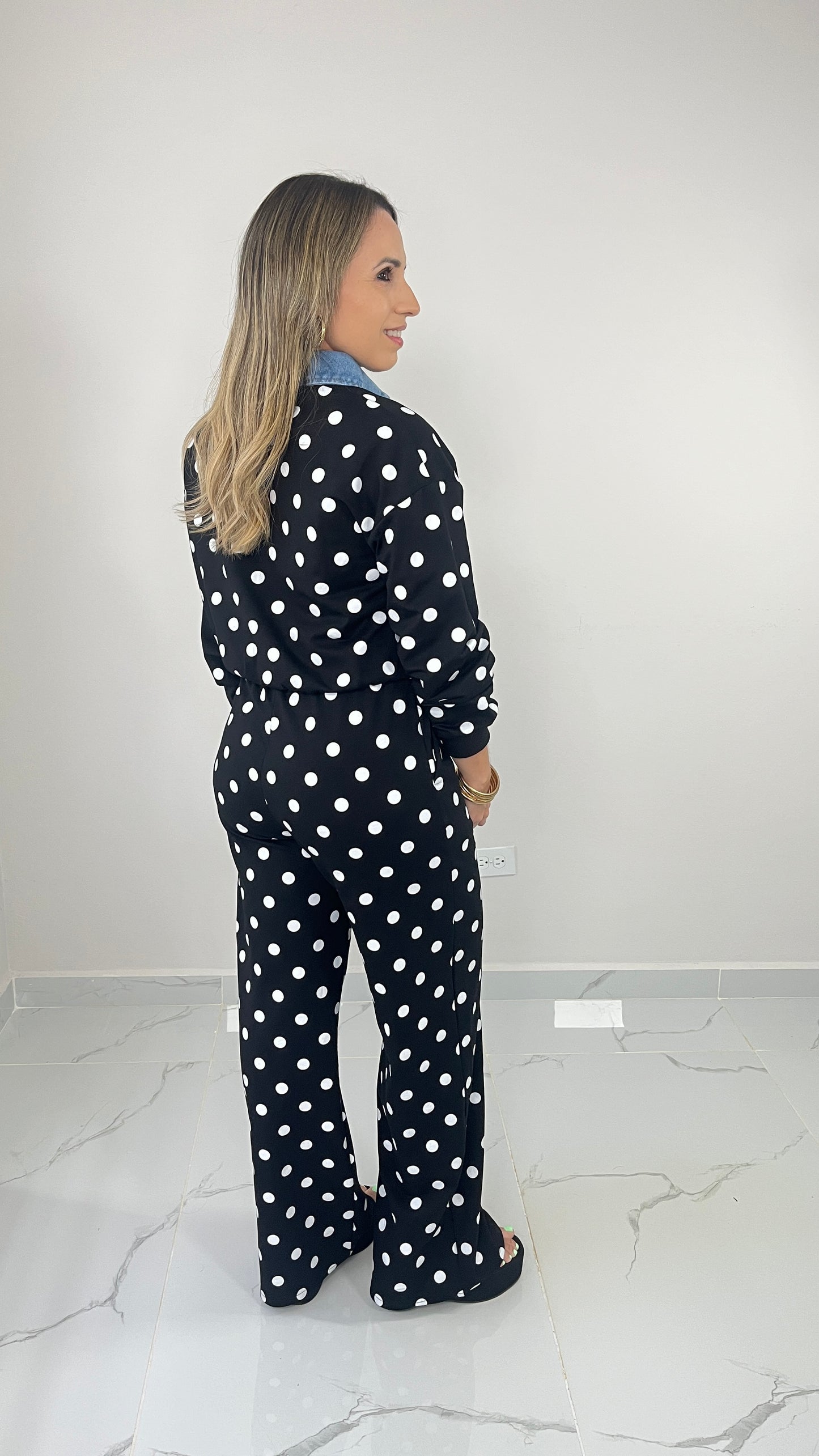 Contrast Denim Polka Dots Set ( black)