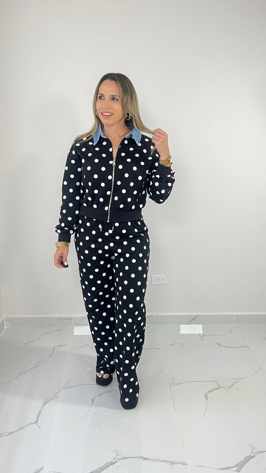 Contrast Denim Polka Dots Set ( black)