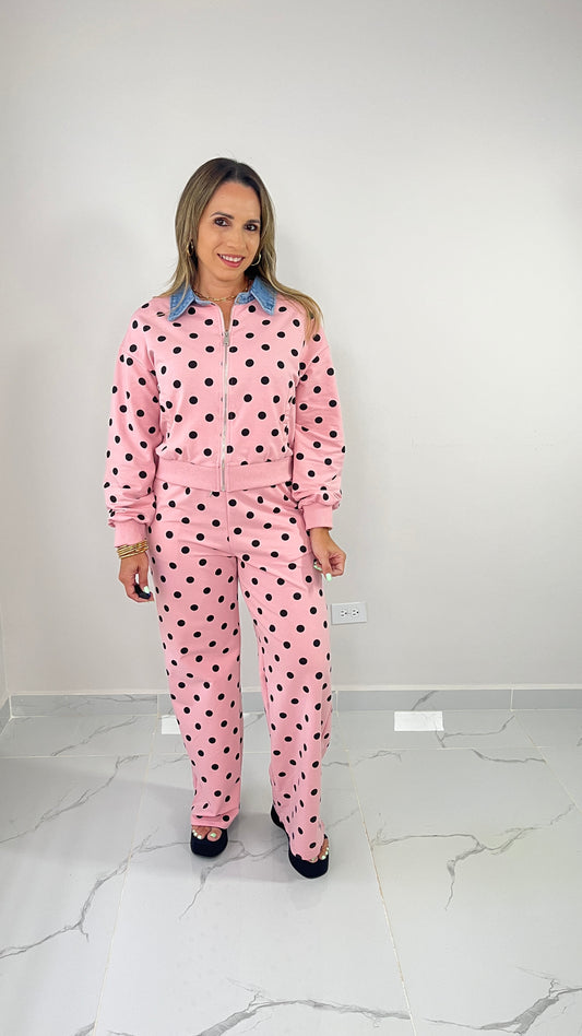 Contrast Denim Polka Dots Set ( pink)