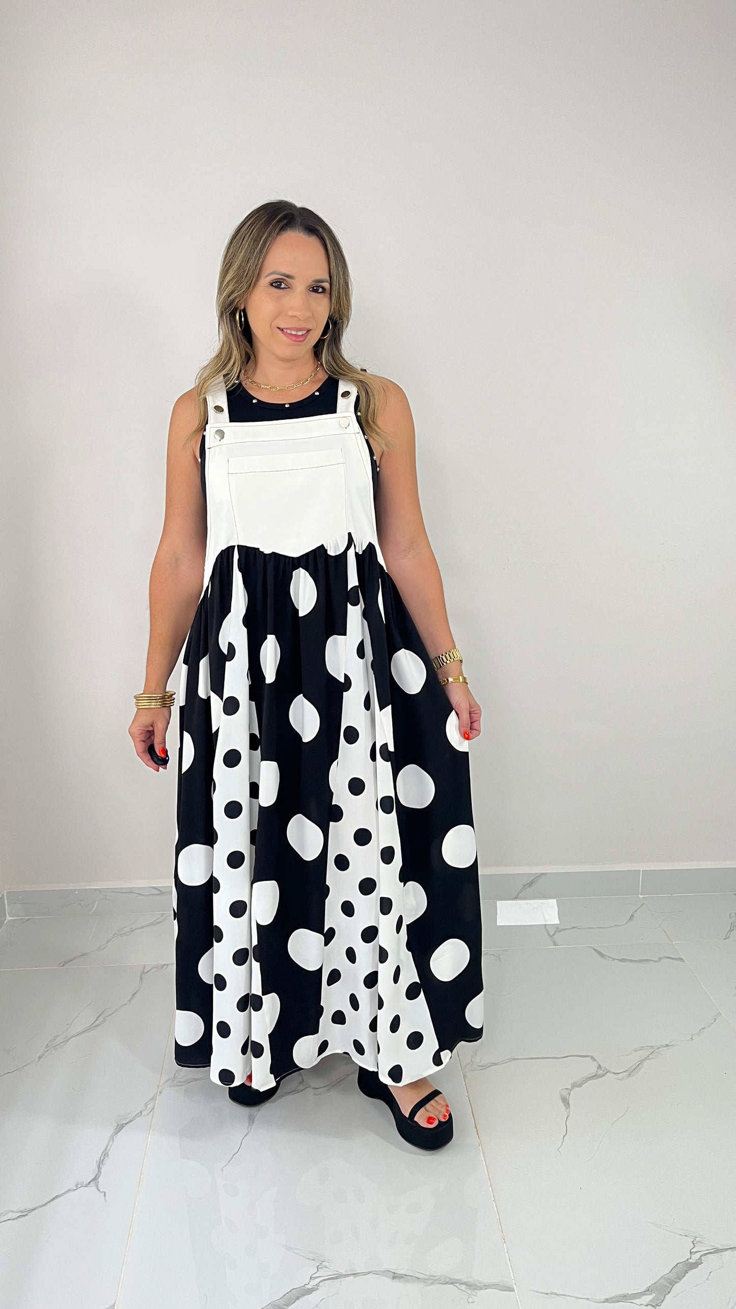 Contrast Denim Overall Dress ( black)