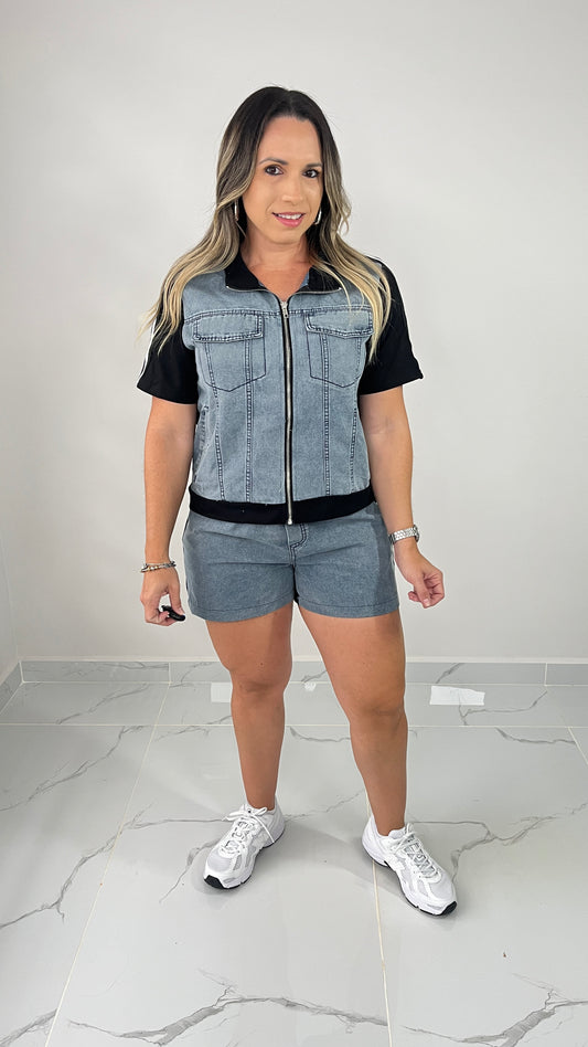 Denim Contrast Short Set