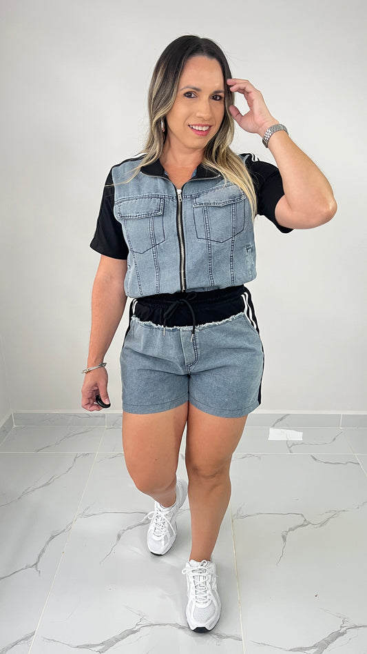 Denim Contrast Short Set