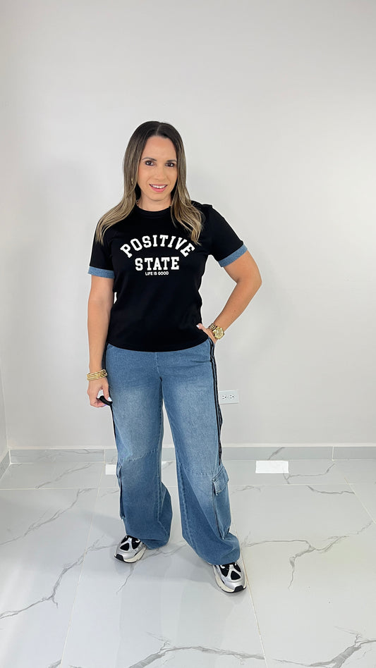 Contrast Denim Black Set