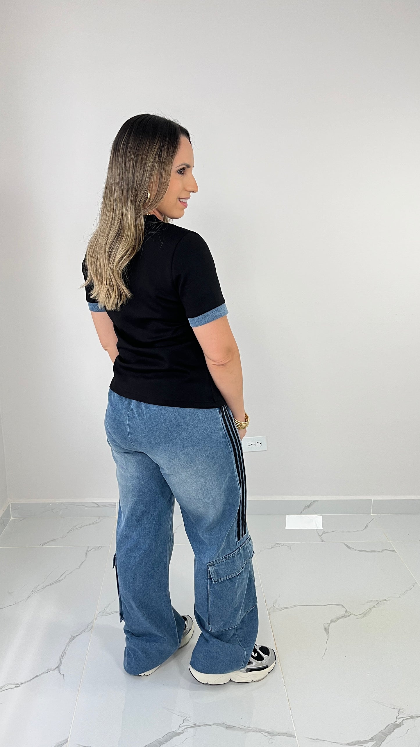 Contrast Denim Black Set
