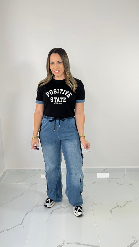 Contrast Denim Black Set