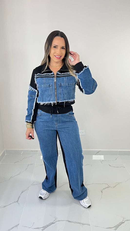 Black Contrast Denim Set
